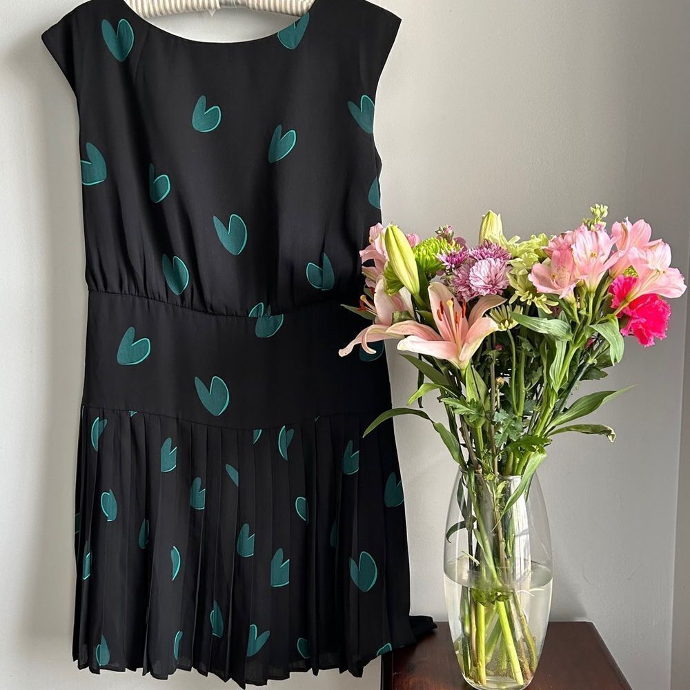 LOFT Pleated Dress with Teal Hearts